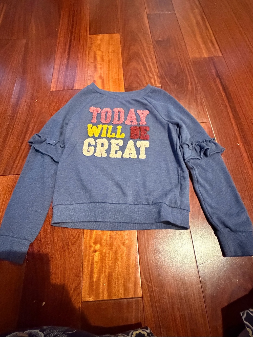 Epic Threads Navy Ruffle-Sleeve Sweatshirt with Multicolor Puff Lettering - Picture 3 of 5